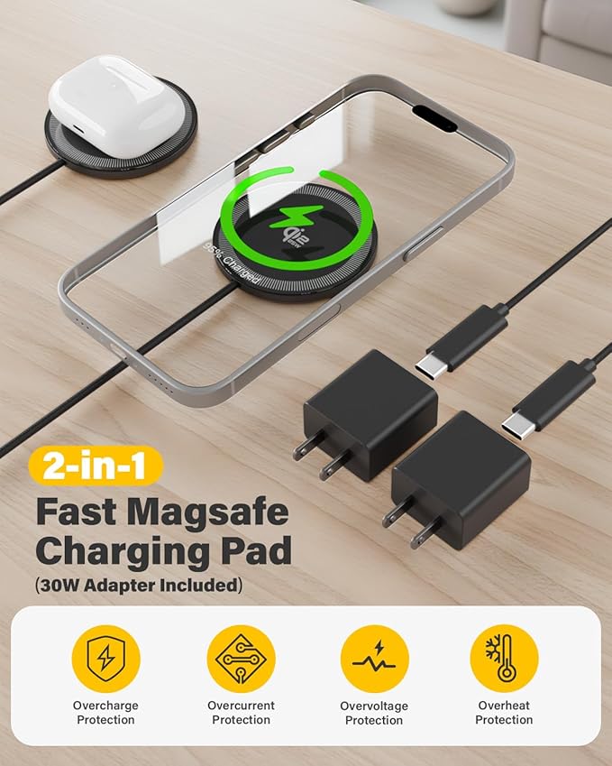 25W Magnetic Wireless Charger, 6FT Fast Charging Pad Qi2.2 Wireless Charge for iPhone 17 16 /AirPods3/2/Pro/for Galaxy S26 Ultra/Pixel 10 Series, Portable Charger for Desk& Travel(2Pack,Black)