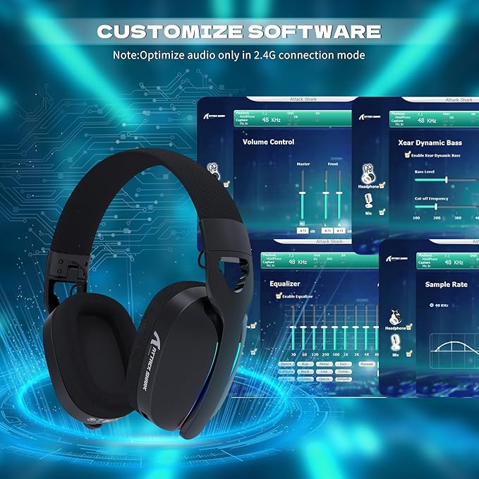 ATTACK SHARK L90 Ultra-Light Wireless Headset,RGB,Foldable,Triple- Mode-2.4Ghz/Bluetooth/Wired Gaming Headphone with mic,40mm Driver,7.1 Surround Sound,for Xbox/PS4/PS5/PC Customize via Software-Black