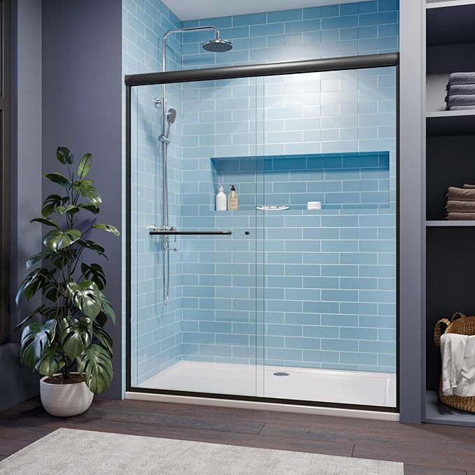 SUNNY SHOWER 54 x 72 Bypass Sliding Shower Door 1/4 Clear Glass Semi-Frameless Shower Door Stainless Steel Hardware Glass Door Black Finish, Black