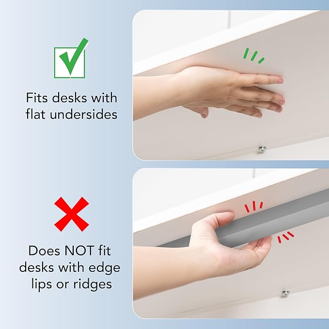 Illustration showing a desk with a flat underside and one with edge lips or ridges, accompanied by text and icons indicating compatibility.