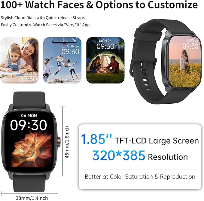 YMZ Smart Watch for Men Women, IP68 Waterproof, Bluetooth Calling, Fitness Tracker, Sleep Monitoring, 1.85'' DIY Dial, AI Built-in, 7 Days Battery, Compatible with Android & iOS