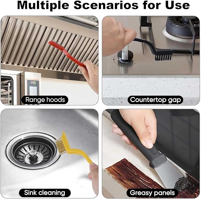 Crevice Cleaning Brush, Hard Bristle Crevice Cleaner Brush, Small Metal Wire Brush with Curved Handle Grip for Rust, Dirt Paint Cleaning, Paint and Stain (Yellow, Red, Black, 4 Pack)