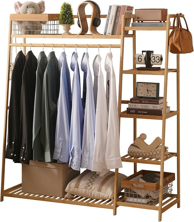 Bamboo Clothing Garment Rack 7 Tier Storage Shelf Coat Clothes Hanging Rack, Portable Wardrobe Closet Organizer With Top Shelf, Shoe Storage Shelves for Bedroom (Natural - 51.18 in)