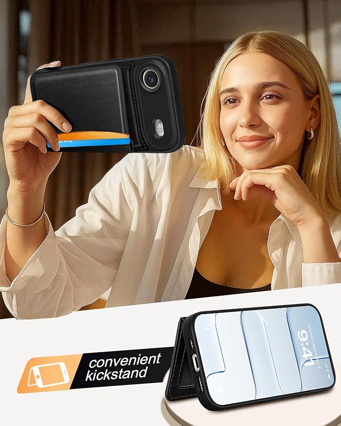for iPhone 17 Air Case with Wallet - Fits 4 Card Slots, Compatible with MagSafe for Women Men Durable PU Leather Credit Card Holder Kickstand Phone Cover for Apple 17 Air, Black