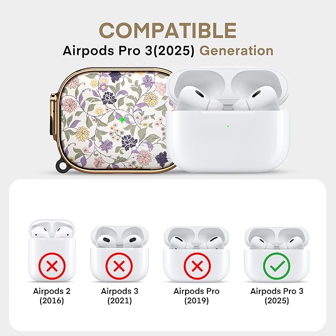Maxjoy for AirPods Pro 3rd Generation Case with Lock, Floral AirPods Pro 3 Case Lock Protective Hard Air Pod Pro 3 Cover for Women Men with Keychain for Airpod Pro 3rd Gen Cover 2025