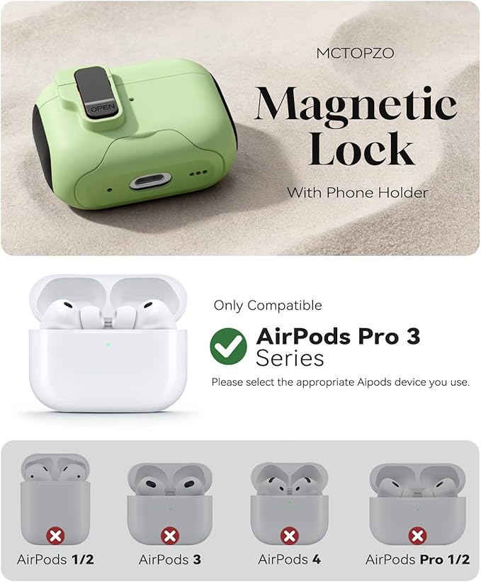 Compatible with AirPods Pro 3 2025 Case with Phone Stand & Cleaning Kit,Magnetic Automatic Lock Design Cover for Air pods Pro 3rd- (Matcha Green)