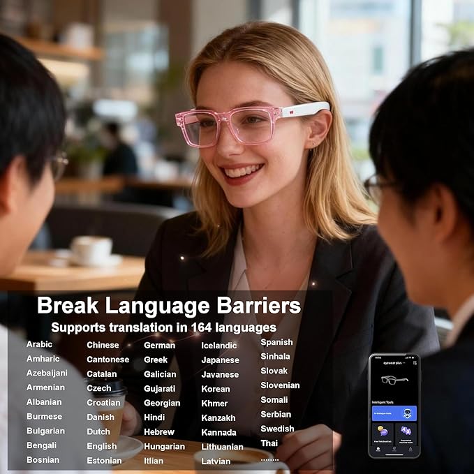AI Smart Glasses, Anti Blue Light Bluetooth Translation Glasses with 164 Hands-Free Calls & Audio Multifunctional Smart Sunglasses for Men Women Travel Trade Business (KL01-White-Color-Change-Lens)