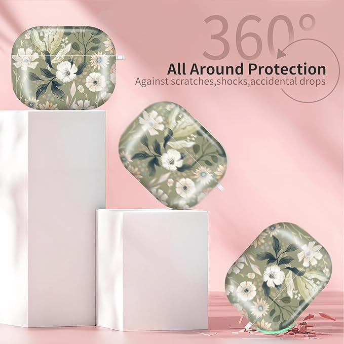 AirPod Pro 3 (2025) Case Cover for Women, Cute Shockproof TPU Protective Case with Gold Round Buckle, Anti-Drop Design Cute Boho Green Flower