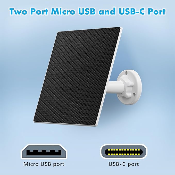 Solar Panel Charger for Security Camera Outdoor, 5W Solar Panels with Micro USB & USB C Adapter for DC 5V Rechargeable Battery Camera, IP65 Waterproof, 360°Adjustable Mounting, 9.8 Ft Charging Cable