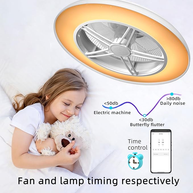 BAYSQUIRREL Samrt Low Profile Ceiling Fan with Light,Bluetooth Bladeless Ceiling Fans with Speaker,RGB-LED Dimmable Reversible Flush Mount Ceiling Fan for Bedroom