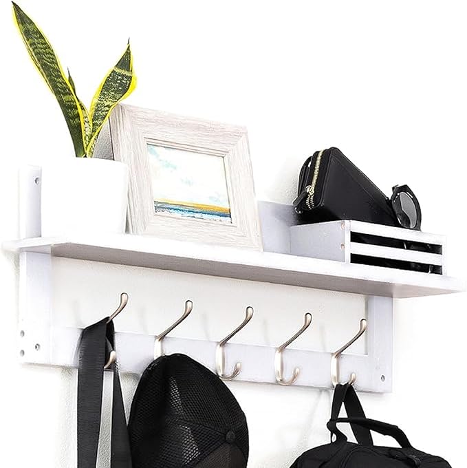 Wall Hooks with Shelf, 29.25 inch Coat Rack Wall Mount with Mail Organizer Box, Wooden Hat Rack with 5 Hooks, Coat Hanger and Key Holder for Wall, Classic White