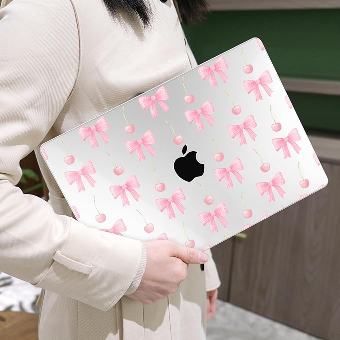 MEEgoodo for MacBook Air 13.3 inch Case 2021 2020 2019 2018 A2337 M1 A2179 A1932, Laptop Shell for MacBook Air M1 with Keyboard Webcam Cover & Trackpad Film & Type C Adapter,Cherry & Pink Bows
