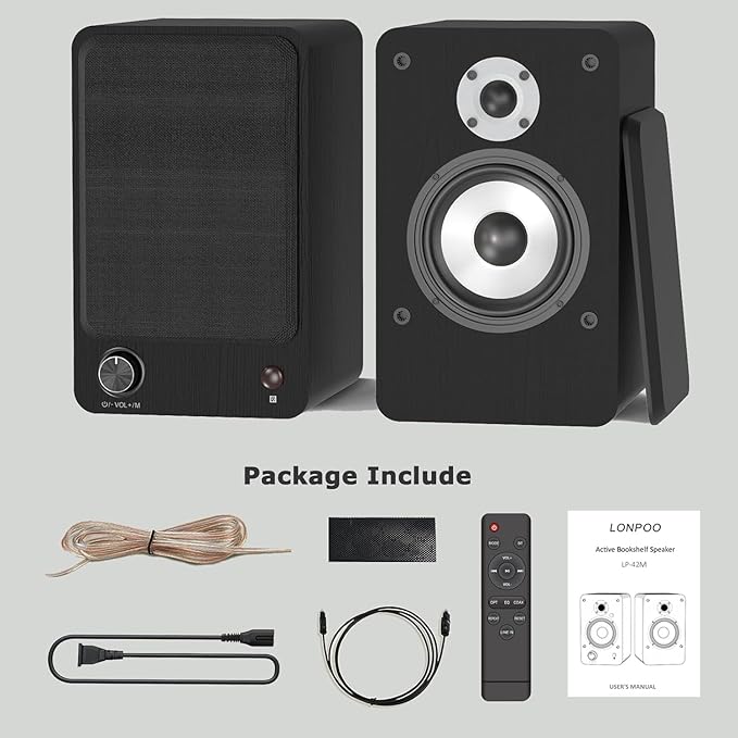 LONPOO 100W Hi-Fi Powered Bookshelf Speakers - Bluetooth 5.3 Active Monitors with 1" Silk Tweeter & 4" Aluminum Woofer, DSP Audio Optimization for TV, Record Player & Home Theater