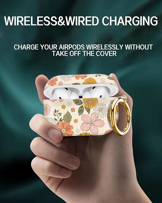 Cute Hard Case Compatible with AirPods Pro 2nd/1st Generation, Protective Cover with Golden Keychain, Fits 2023/2022/2019 Models, for Women, Girls, and Men(Groovy Retro Boho Flower