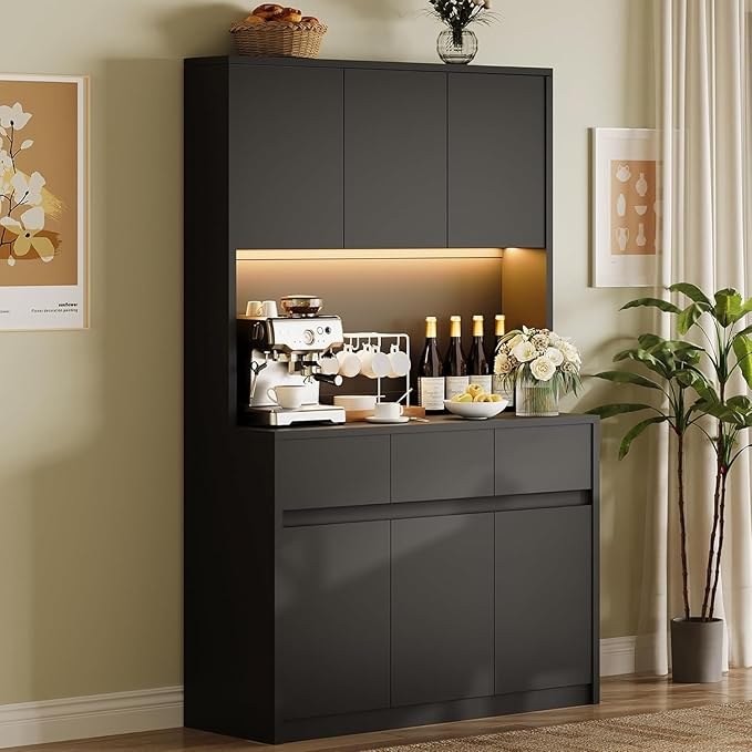 71" Tall Kitchen Pantry Cabinet, Adjustable Shelves & Doors and Three Drawers, Microwave Shelf, Coffee Bar with LED Lights & Charging Station, Corner Storage Hutch for Living Room, Black