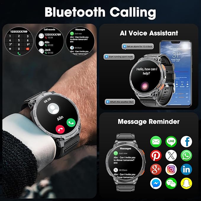Military Smart Watch for Men 1.85" HD Touch Screen 730mAh Battery Smart Watches with LED Flashlight for Android iOS (Bluetooth Call Answer/Dial Calls) Fitness Tracker with Heart Rate Blood