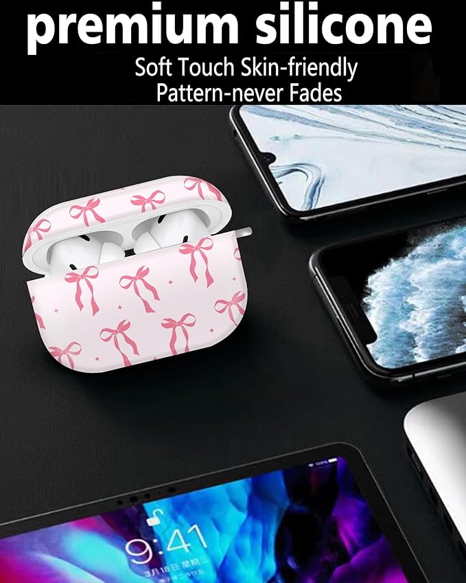 Cute Hard Case Compatible with AirPods Pro 2nd/1st Generation, Protective Cover with Golden Keychain, Fits 2023/2022/2019 Models, for Women, Girls, and Men(Pink Ribbon Bow)