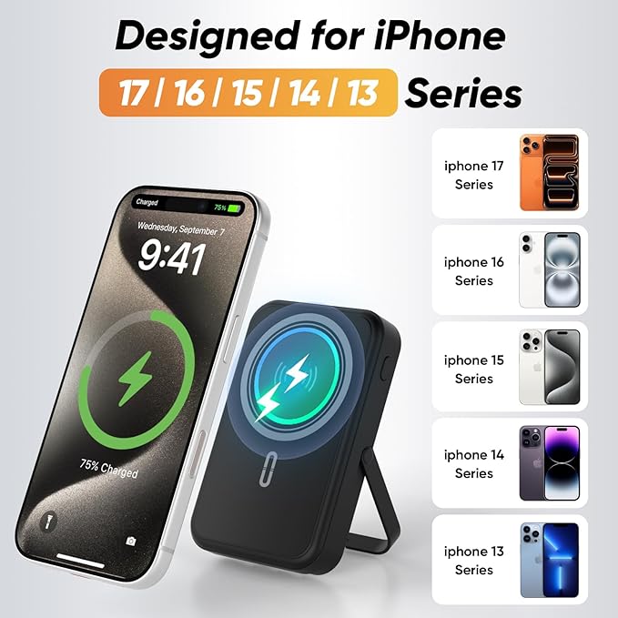 Power Bank 10000mAh Compatible with MagSafe, Magnetic Portable Charger with Digital Display, 15W Wireless Fast Charging, Built-in 3 Cables Compatible with iPhone 17/16/15/14/13/12 Series (White)