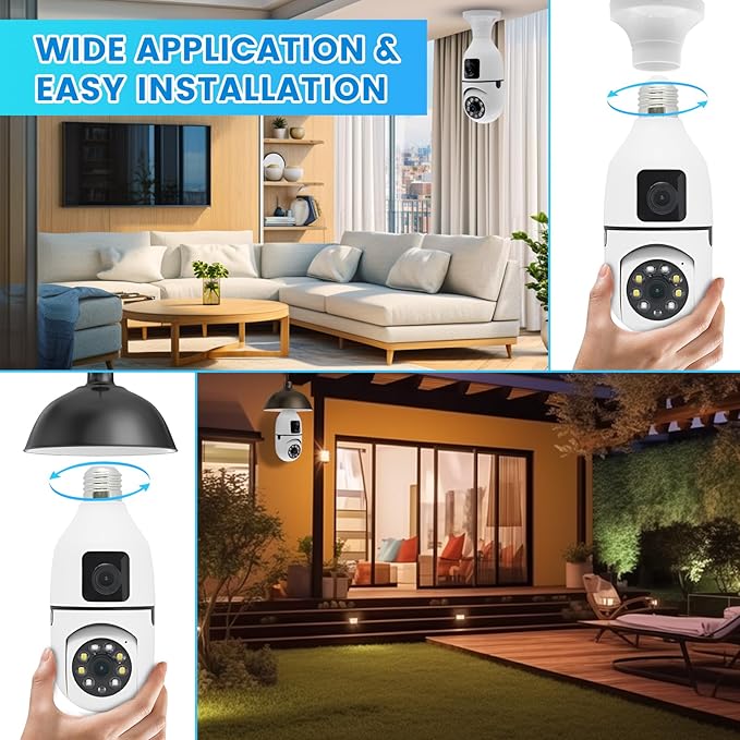 Security Camera, 2K/3MP Outdoor Camera 2.4G Hz E27 Camera for Home Security, 24/7 Recording, Motion Detection and Alarm (B)