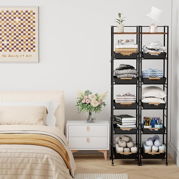 6 Tier Storage Cart with Pull-Out Baskets Rolling Storage Cart with Wheels Wood Top Organizer Rolling Utility Cart for Pantry Laundry Room Bathroom Kitchen Black 14.5”D x 13”W x 64.1”H