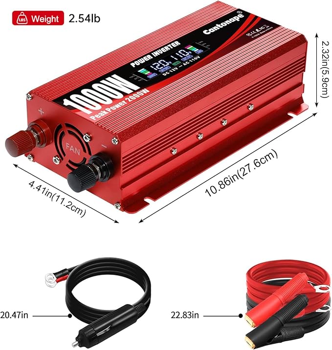 1000W Power Inverter DC 12V to 110V/120V AC Car Inverter with LCD Display, 2 AC Outlets, 3.0A USB and 20W Type-C Car Charger for Vehicles Home Laptop Truck