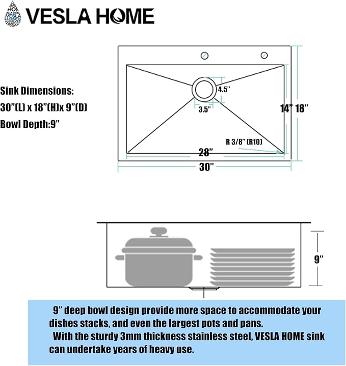 30 inch Drop in Black Kitchen Sink, Single Bowl Stainless Steel Handmade Topmount Kitchen Sinks with Dish Grid and Drain