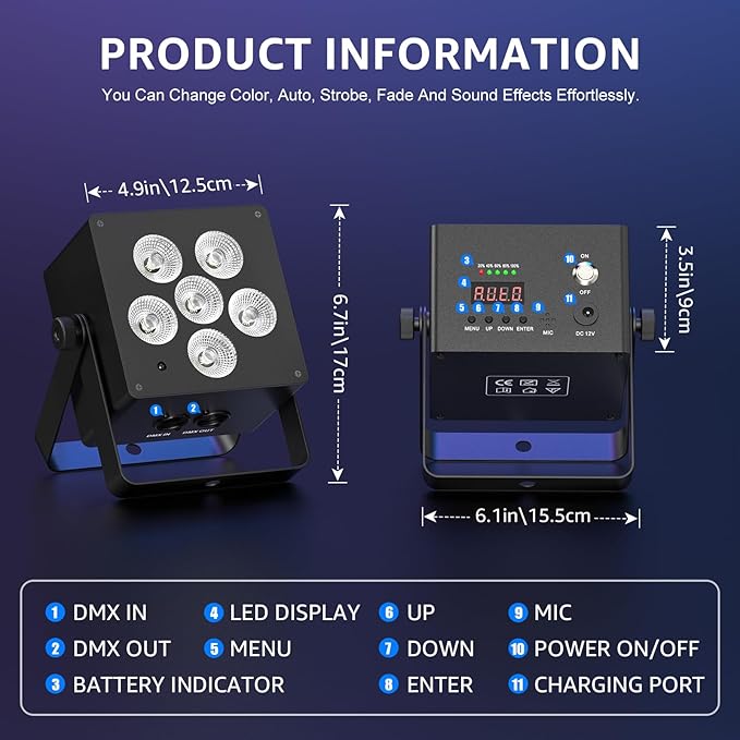 Battery Powered Stage Lights, LED Par Lights RGBWA+UV 60W, Rechargeable Par Can Light with 5500mAh Battery, Remote DMX Sound Activated Uplights for Events, Party, Wedding, Concert - 4Pcs
