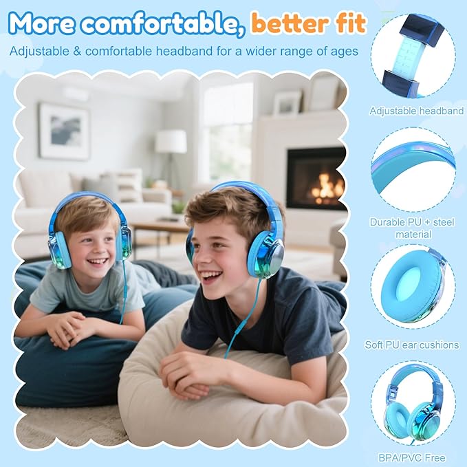 QearFun USB C Kids Headphones Wired with Mic, 85/94dB Safe Volume Limit, Foldable Over Ear, Tangle-Free Cord & Sharing Port, Wired On-Ear Headset for School, Chromebook, Tablet, Travel-Boys & Girls