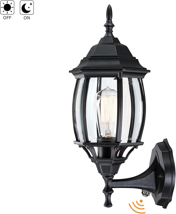 2 Pack Black Dusk to Dawn Outdoor Wall Lights - 16.8 Inch Garage Side Light for House Outside Dusk to Dawn Wall Lantern, Black Vintage Porch Sconce Light for Front Door,Entrance,Balcony,E26