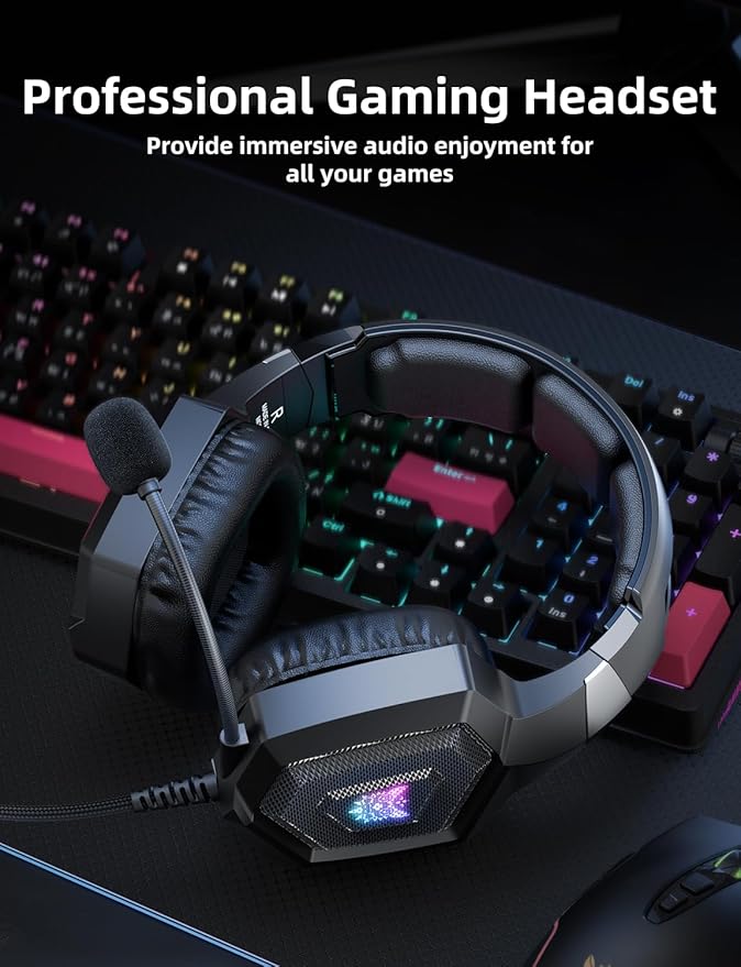 Gaming Headset with Microphone, Gaming Headphones Compatible for PS4 PS5 Xbox PC with RGB Lights, PlayStation Headset with Noise Reduction 7.1 Surround Sound Over-Ear and Wired 3.5mm Jack (Black)