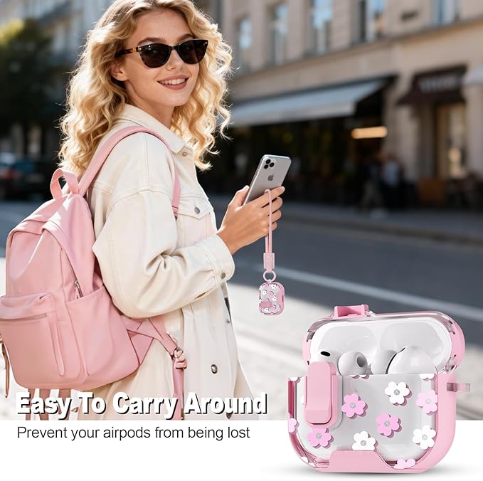 for AirPods Pro 3 Case(2025) with Secure Lock Clip and Phone Stand,Floral Girly Style Protective Cover with Cleaning Kit and Hand Strap for Apple AirPod Pro 3 Generation (Pink Petals)