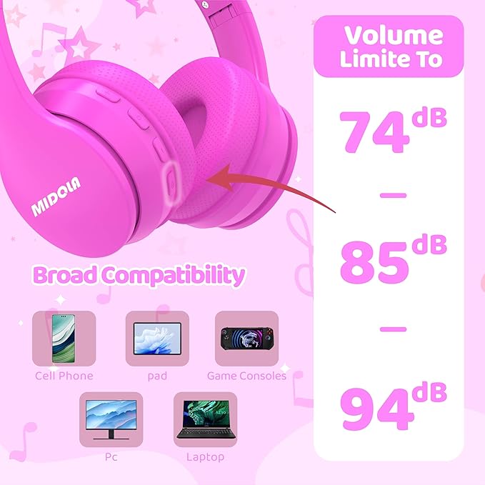 MIDOLA Kids Headphones Bluetooth 5.4 Wireless 68H Play Time Volume Limit 85/94dB Over-Ear Foldable Headset,Type-C Fast Charging, Wired Aux Mic for Toddler Child Pad Tablet Rose Red