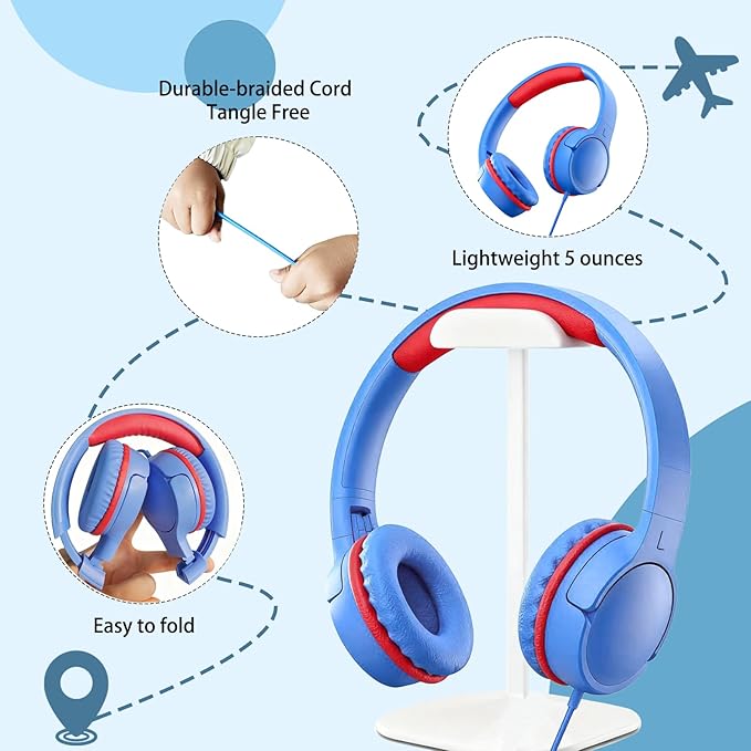 Children's Headphones with Microphone, Foldable 3.5mm Jack, USB-C Jack, Adjustable 85db/94db Volume, Suitable for Mobile Phones,Computers,Tablets,School,Airplanes,Travel (Pink)