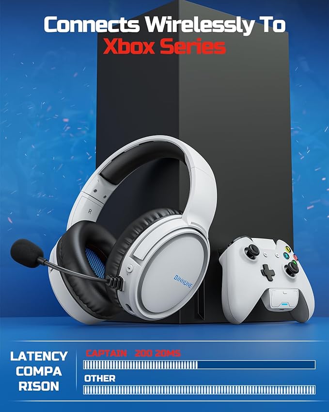 BINNUNE Xbox Wireless Gaming Headset with Mic, Lightweight Over-Ear Comfort for Long Gaming Sessions, Low Latency Wireless + Bluetooth, Flip-to-Mute Noise Cancelling Mic, 50mm Drivers, 40H Battery