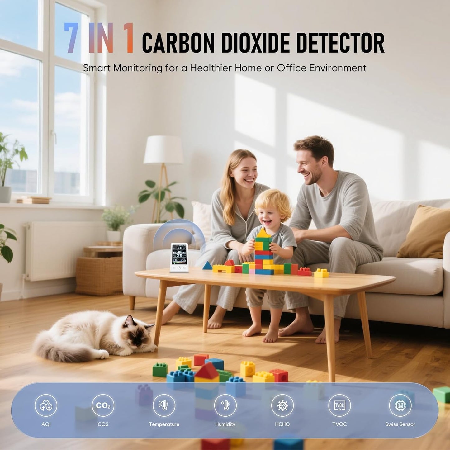 8-in-1 Air Quality Monitor — CO2, HCHO, TVOC, Temp & Humidity