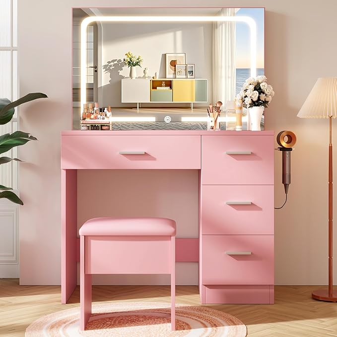 Makeup Vanity Desk Set, Pink, 35.4“W x 15.7" D x 53.9" H (Large Smart LED Mirror, with Cushion Stool, Hairdryer Rack, Power-Outlet, 4 Drawers)