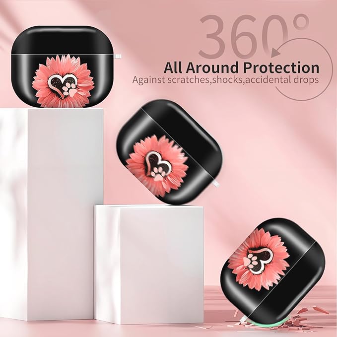 AirPod Pro 3 (2025) Case Cover for Women, Cute Shockproof TPU Protective Case with Gold Round Buckle, Anti-Drop Design Sunflower Pink Flowers Dog paw