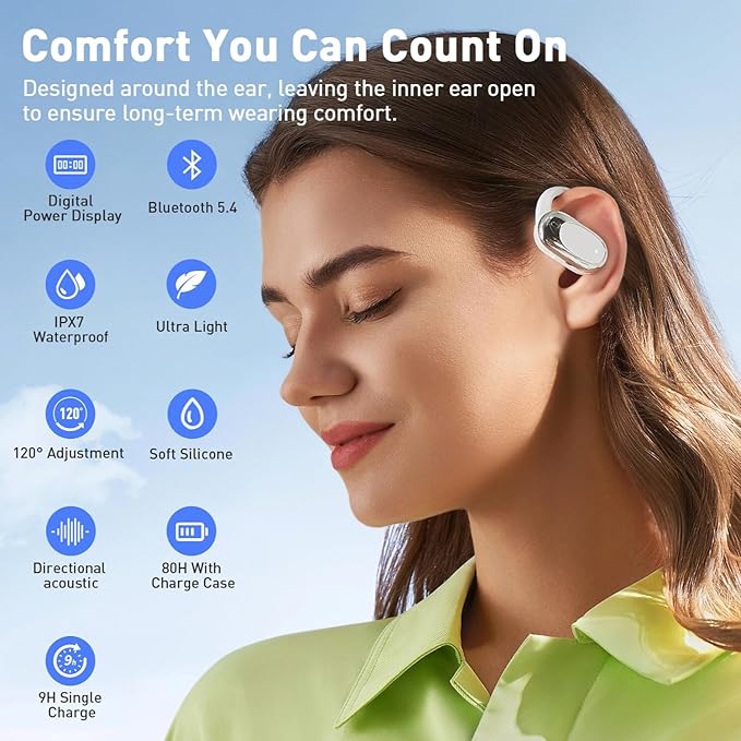 Adjustable Silicone Open Ear Headphones Wireless Bluetooth 5.4, Earbuds with Earhooks, IPX7 Waterproof, Bone Conduction Open Ear Earbuds for Running and Workout, Fast Charging