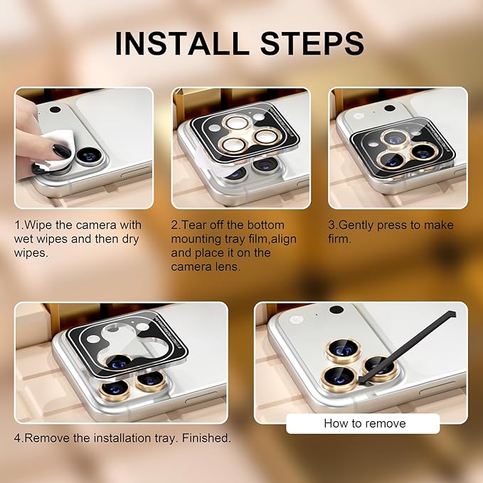 Misea Compatible for iPhone 17 Pro/iPhone 17 Pro Max Camera Lens Protector, Ultra-HD Tempered Glass Camera Cover Screen Protector Metal Individual Ring Protector Decoration Accessories, Gold