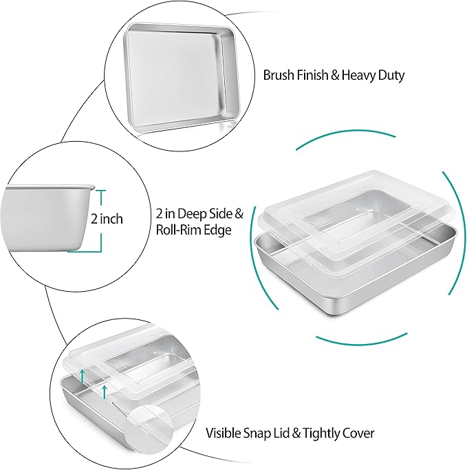 TeamFar Lasagna Pan, Stainless Steel 9.3 x 7 x 1.9 Inch Rectangle Cake Pan with Lid for Baking Roasting, Non-toxic & Deep Side, Dishwasher Safe-(3 Pans + 3 Lids)