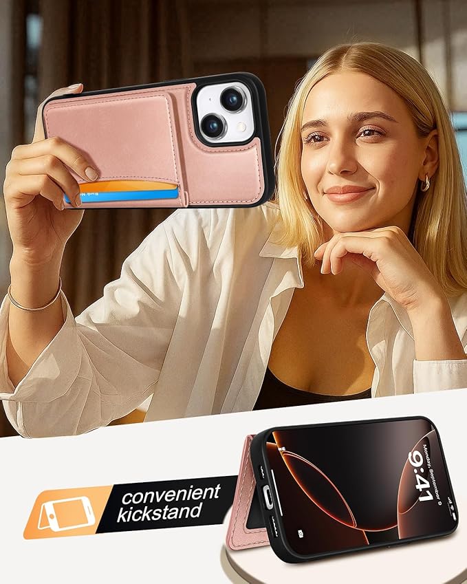 for iPhone 15 Case with Wallet - Fits 4 Card Slots, Compatible with MagSafe for Women Aesthetic Durable PU Leather Credit Card Holder Kickstand Phone Cover for Apple 15, Rose Gold