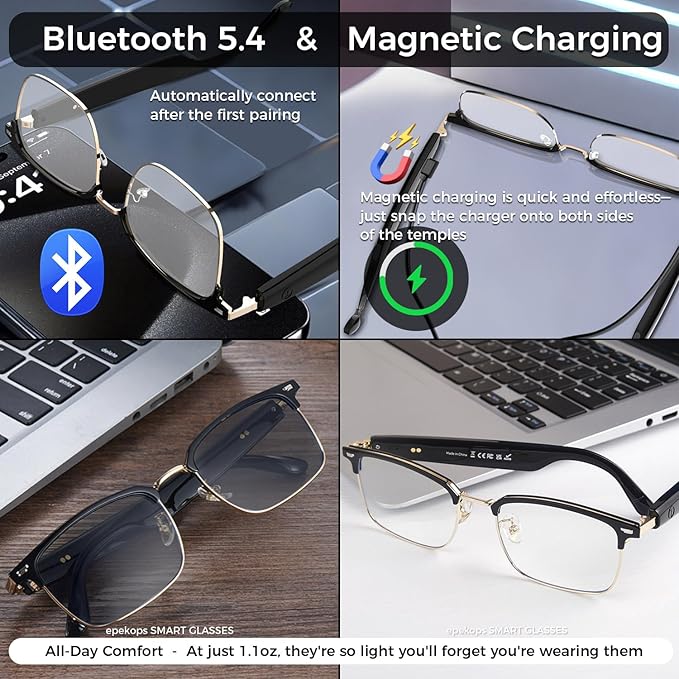 AI Smart Glasses Bluetooth Audio Glasses Sunglasses with Photochromic Lenses, Translation, Music, Calls, Voice Assistant, Open-Ear Stereo Speakers, Blue Light Filter & UV Protection Men Women