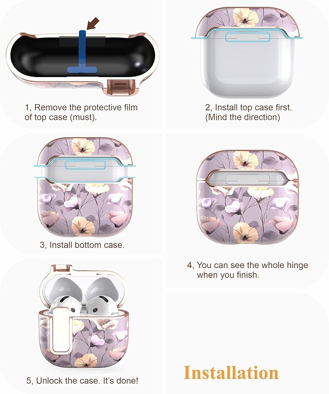 TATOFY Cover for AirPods Pro 4th Generation Case with Lock Clip Cleaner Kit Slim Hard AirPod 4 Lock Case Compatible with MagSafe (Gray Purple)