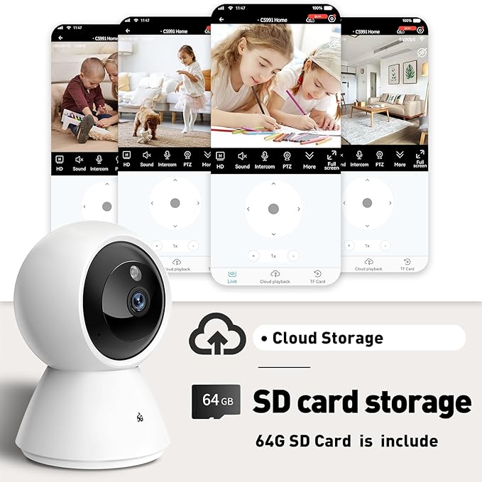 BJR Indoor Security Camera 2K HD, 360° Pan/Tilt Pet Camera with Dual-Band WiFi (5G & 2.4G), Motion Tracking, Color Night Vision, 2-Way Talk, Free 64GB SD Card Included for Home/Baby Monitor