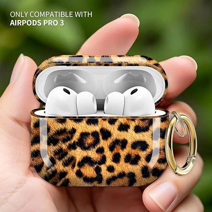 Cute Hard Case Compatible with AirPods Pro 3rd Generation Case (2025), Shockproof Protective Cover with Golden Keychain Ring Clip (Luxury Leopard)