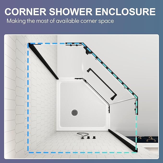 Neo-Angle Frameless Shower Door, 36" D x 36" W x 72" H Corner Shower Enclosure, 1/4" ANSI Tempered Glass with Explosion-Proof Film Nano Coating, Stainless Hardware, Shower Base Not Included