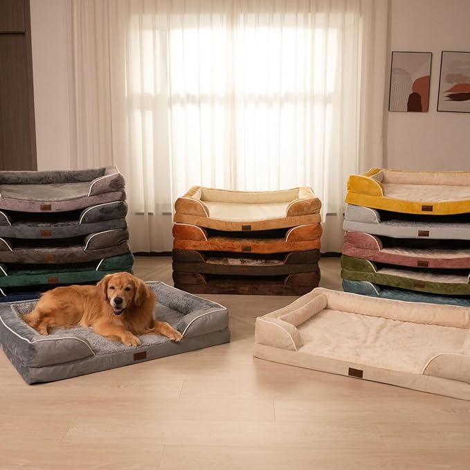 Comfort Expression Orthopedic Dog Bed for Extra Large Dogs 53x42 Inch, Waterproof Egg Crate Foam XXL Pet Bed with Removable Bolsters, Dog Couch with Washable Cover & Non-Slip Bottom, Light Brown