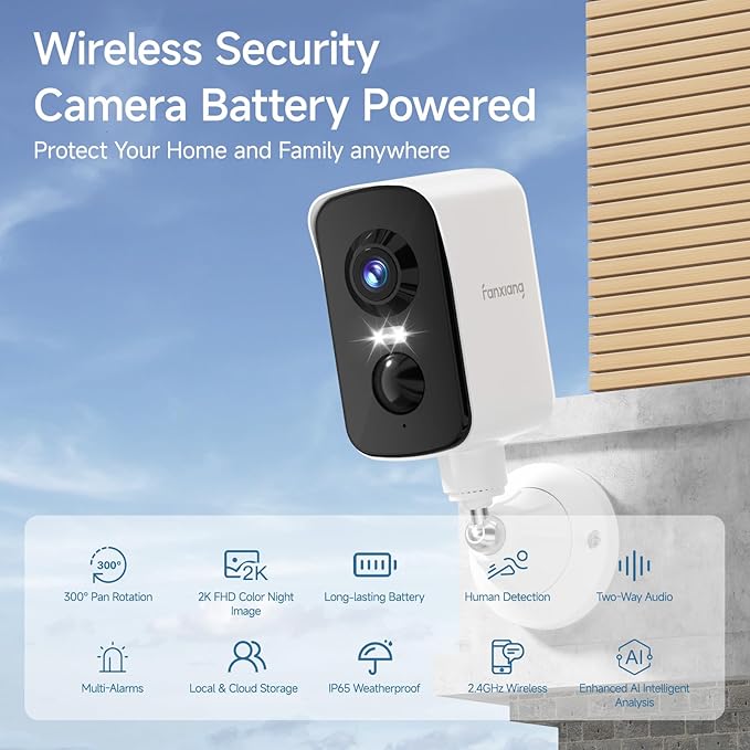 fanxiang 2K Magnetic Security Camera Outdoor Wireless Rechargeable Battery Camera WiFi, 300° Pan Rotating, AI Motion Detection, PIR, Spotlight, Siren, Two-Way Talk, IP65, SD/Cloud Storage