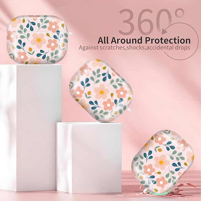 AirPod Pro 3 (2025) Case Cover for Women, Cute Shockproof TPU Protective Case with Gold Round Buckle, Anti-Drop Design Leaves and Flowers