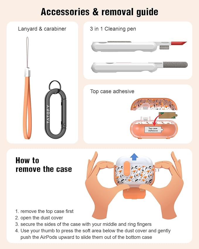 TATOFY for AirPod Pro 3 Case (2025) with Phone Stand Lanyard Lock Cleaning Kit, Compatible with Magsafe, Flowers Hard AirPods Pro 3rd Generation Cover for Women (Orange, AirPods Pro 3)